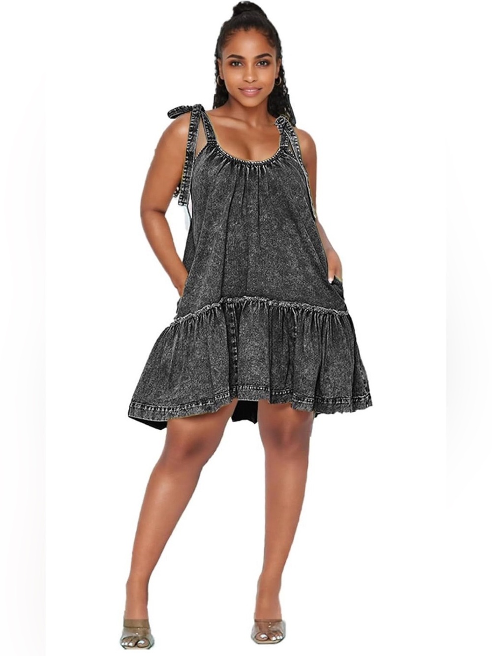 Vidifid Women’s Washed Black Tie-Shoulder Ruffle Sundress - US Size Small